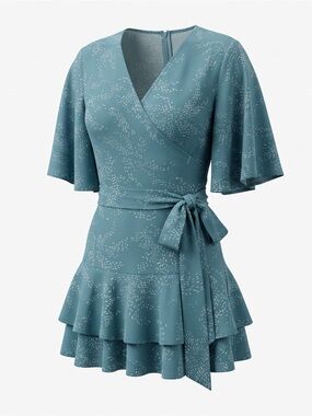 Wrap V-Neck Flutter Sleeve Mini romper in Teal